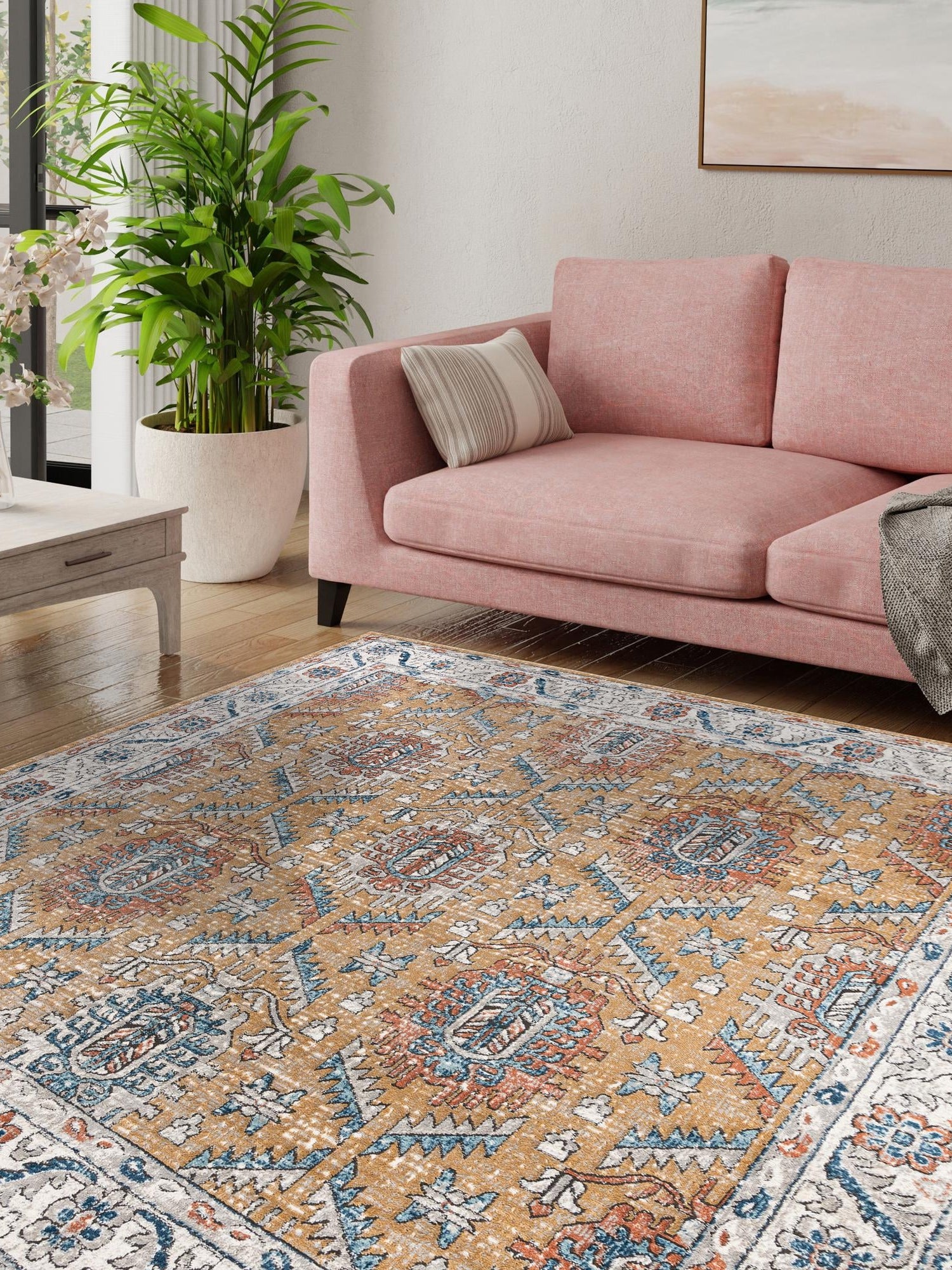 Mustard Yellow 10' x 10' Nyla Square Area Rug 100% Polypropylene Traditional Classic Carpet for Living Room, Kitchen, Bedroom, Dining, Office for Sale at Rug Engine