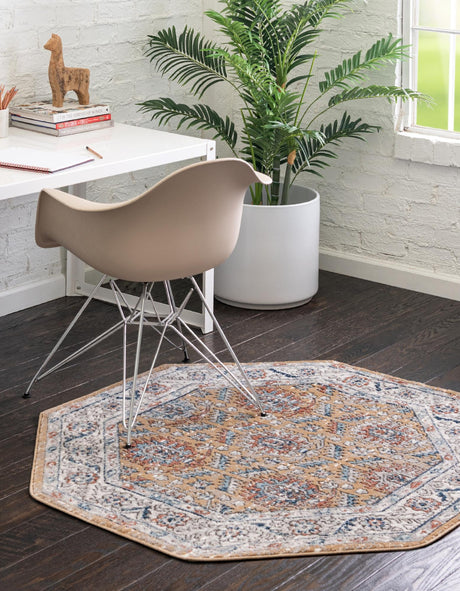 Mustard Yellow 7' x 7' Nyla Octagon Area Rug 100% Polypropylene Traditional Classic Carpet for Living Room, Kitchen, Bedroom, Dining, Office for Sale at Rug Engine