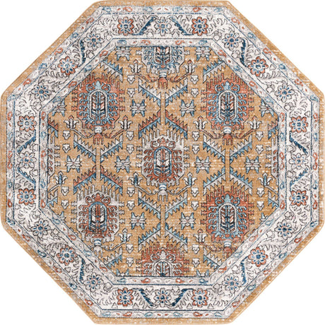 Mustard Yellow 7' x 7' Nyla Octagon Area Rug 100% Polypropylene Traditional Classic Carpet for Living Room, Kitchen, Bedroom, Dining, Office for Sale at Rug Engine