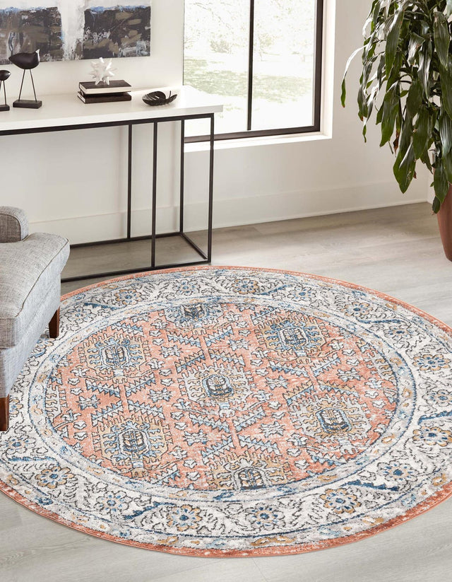 Salmon Pink 7' x 7' Nyla Round Area Rug 100% Polypropylene Traditional Classic Carpet for Living Room, Kitchen, Bedroom, Dining, Office for Sale at Rug Engine