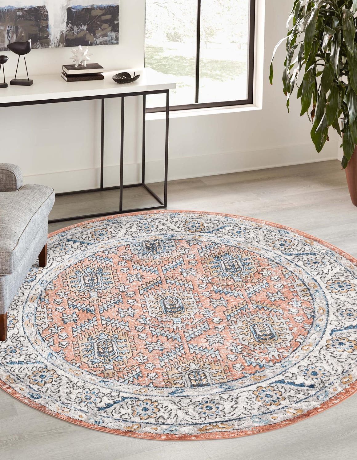Salmon Pink 5' 3 x 5' 3 Nyla Round Area Rug 100% Polypropylene Traditional Classic Carpet for Living Room, Kitchen, Bedroom, Dining, Office for Sale at Rug Engine