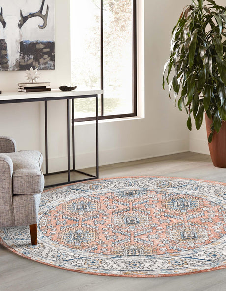 Salmon Pink 12' x 12' Nyla Round Area Rug 100% Polypropylene Traditional Classic Carpet for Living Room, Kitchen, Bedroom, Dining, Office for Sale at Rug Engine