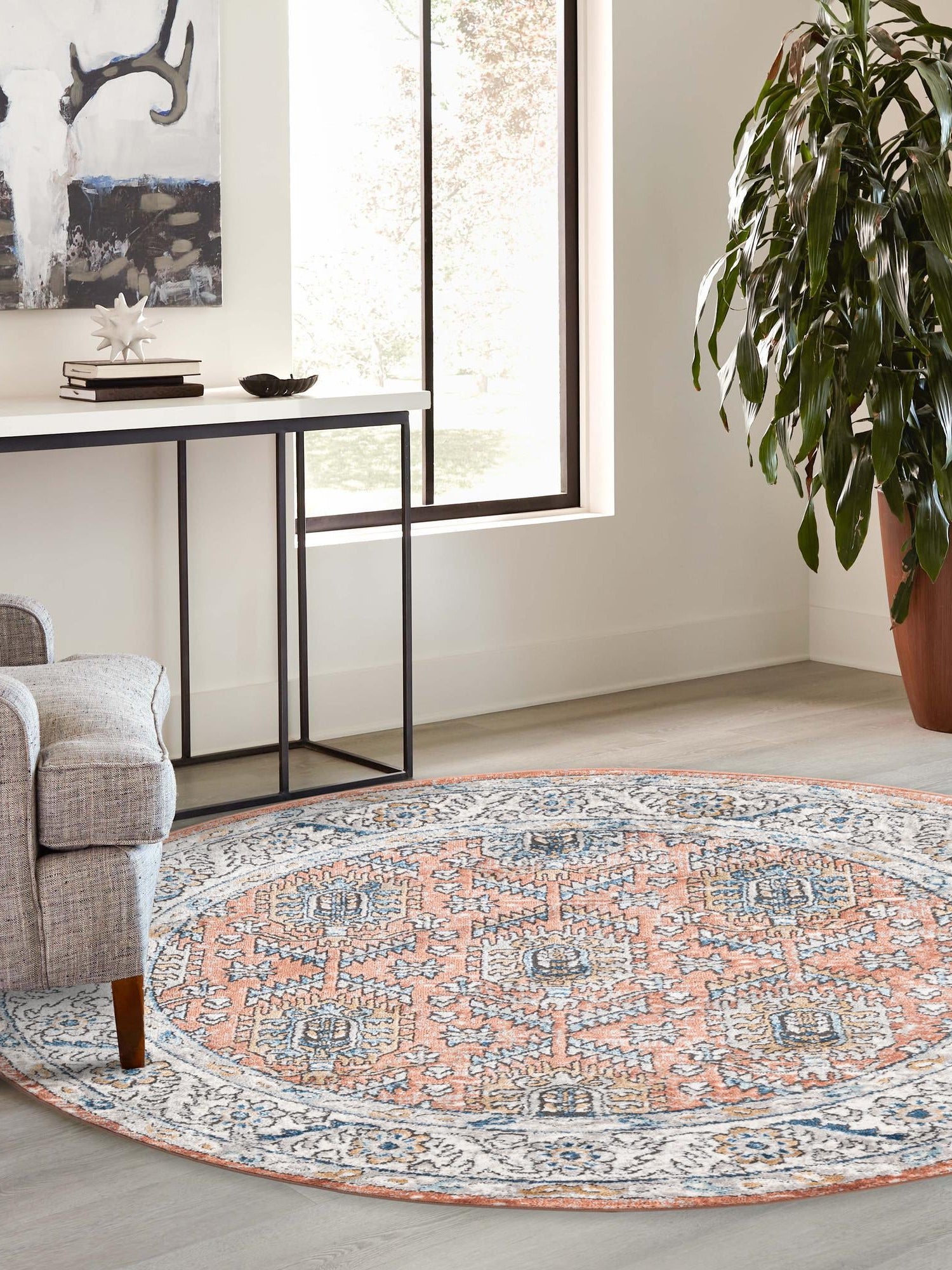 Salmon Pink 5' 3 x 5' 3 Nyla Round Area Rug 100% Polypropylene Traditional Classic Carpet for Living Room, Kitchen, Bedroom, Dining, Office for Sale at Rug Engine