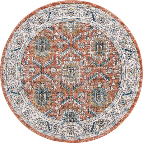 Salmon Pink 7' x 7' Nyla Round Area Rug 100% Polypropylene Traditional Classic Carpet for Living Room, Kitchen, Bedroom, Dining, Office for Sale at Rug Engine