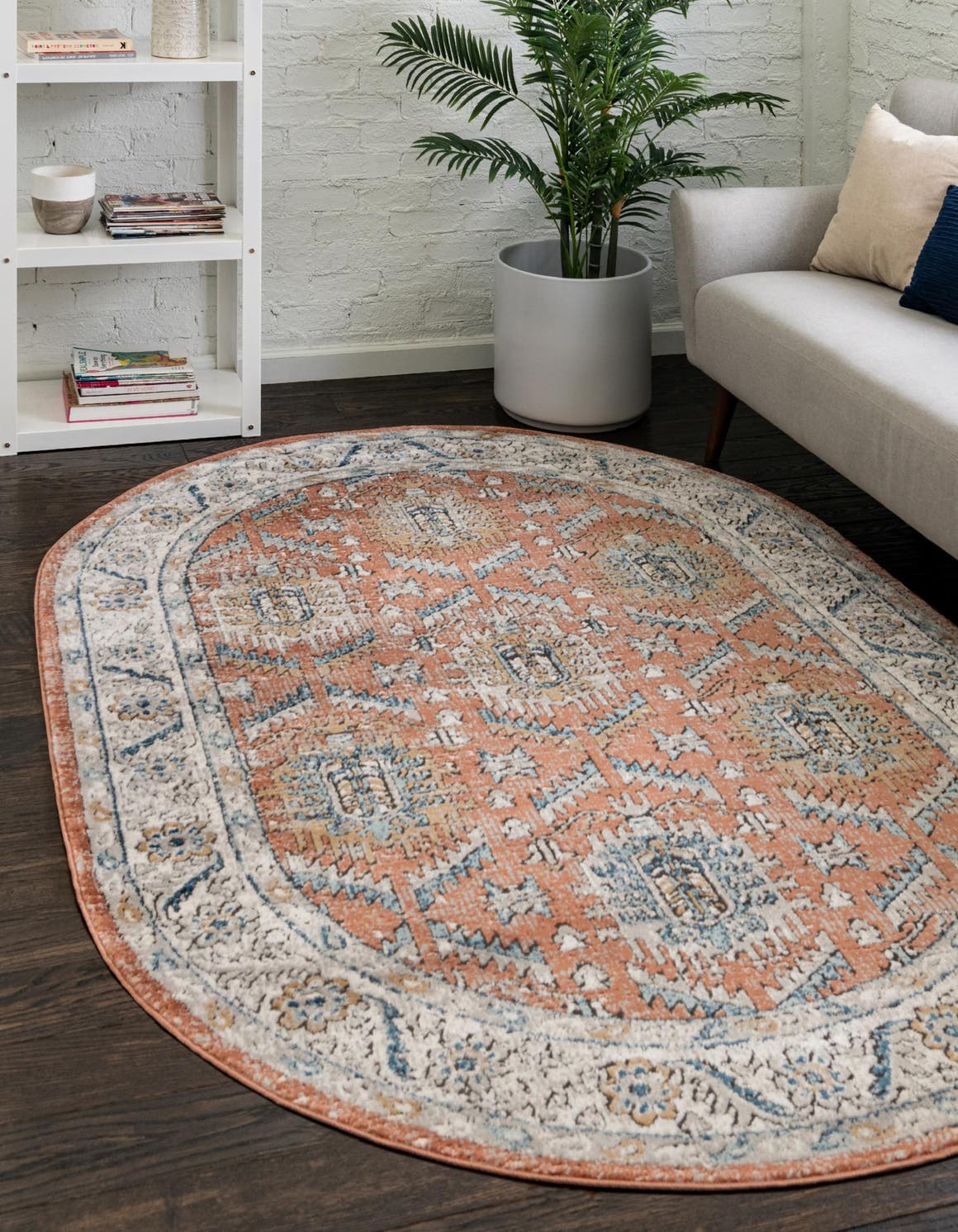Salmon Pink 5' 3 x 8' Nyla Oval Area Rug 100% Polypropylene Traditional Classic Carpet for Living Room, Kitchen, Bedroom, Dining, Office for Sale at Rug Engine