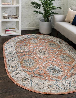 Salmon Pink 5' 3 x 8' Nyla Oval Area Rug 100% Polypropylene Traditional Classic Carpet for Living Room, Kitchen, Bedroom, Dining, Office for Sale at Rug Engine