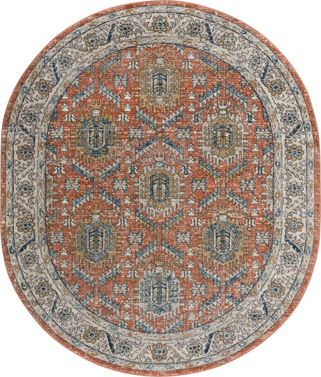 Salmon Pink 7' 10 x 10' Nyla Oval Area Rug 100% Polypropylene Traditional Classic Carpet for Living Room, Kitchen, Bedroom, Dining, Office for Sale at Rug Engine