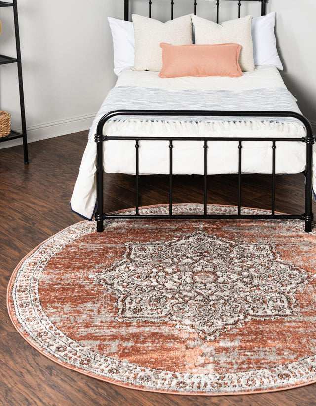 Salmon Pink 7' x 7' Nyla Round Area Rug 100% Polypropylene Traditional Classic Carpet for Living Room, Kitchen, Bedroom, Dining, Office for Sale at Rug Engine