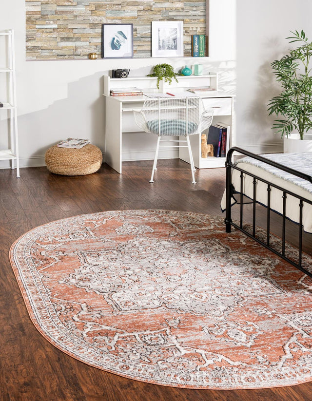 Salmon Pink 7' 10 x 10' Nyla Oval Area Rug 100% Polypropylene Traditional Classic Carpet for Living Room, Kitchen, Bedroom, Dining, Office for Sale at Rug Engine