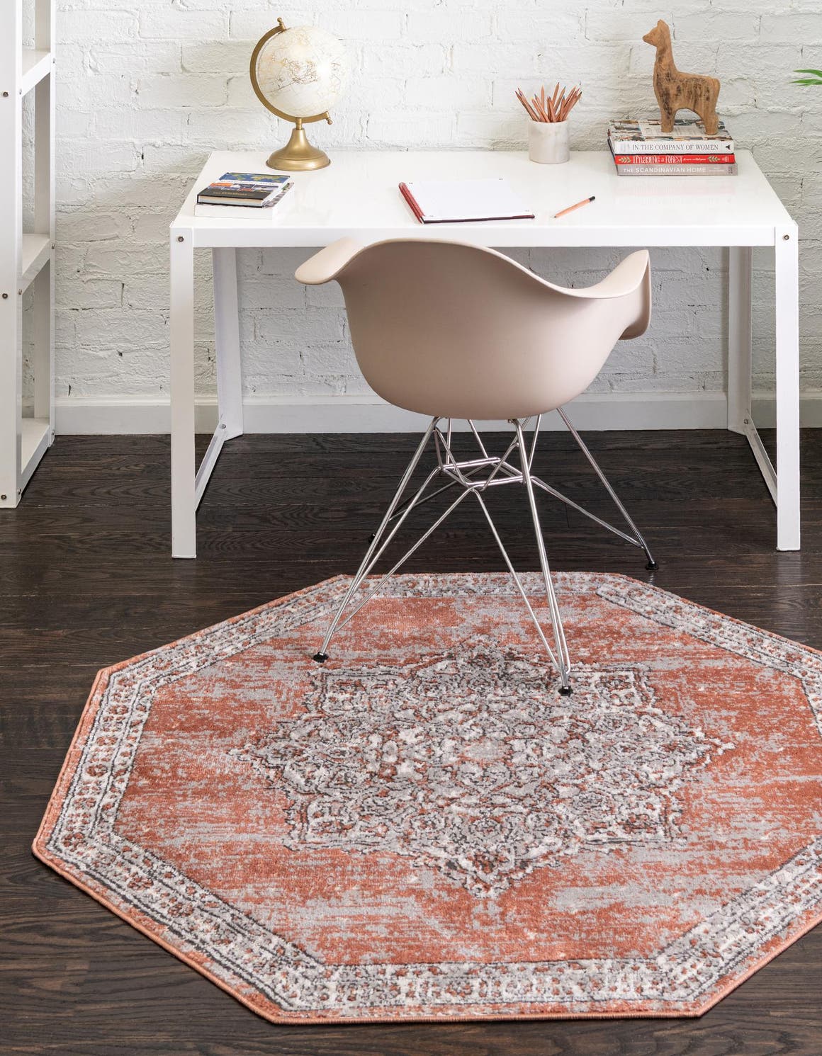 Salmon Pink 4' x 4' Nyla Octagon Area Rug 100% Polypropylene Traditional Classic Carpet for Living Room, Kitchen, Bedroom, Dining, Office for Sale at Rug Engine