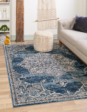 Blue 6' x 9' Nyla Rectangle Area Rug 100% Polypropylene Traditional Classic Carpet for Living Room, Kitchen, Bedroom, Dining, Office for Sale at Rug Engine