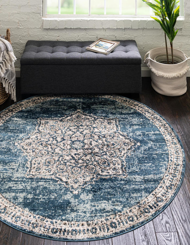 Blue 3' 3 x 3' 3 Nyla Round Area Rug 100% Polypropylene Traditional Classic Carpet for Living Room, Kitchen, Bedroom, Dining, Office for Sale at Rug Engine