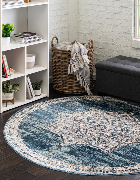 Blue 3' 3 x 3' 3 Nyla Round Area Rug 100% Polypropylene Traditional Classic Carpet for Living Room, Kitchen, Bedroom, Dining, Office for Sale at Rug Engine