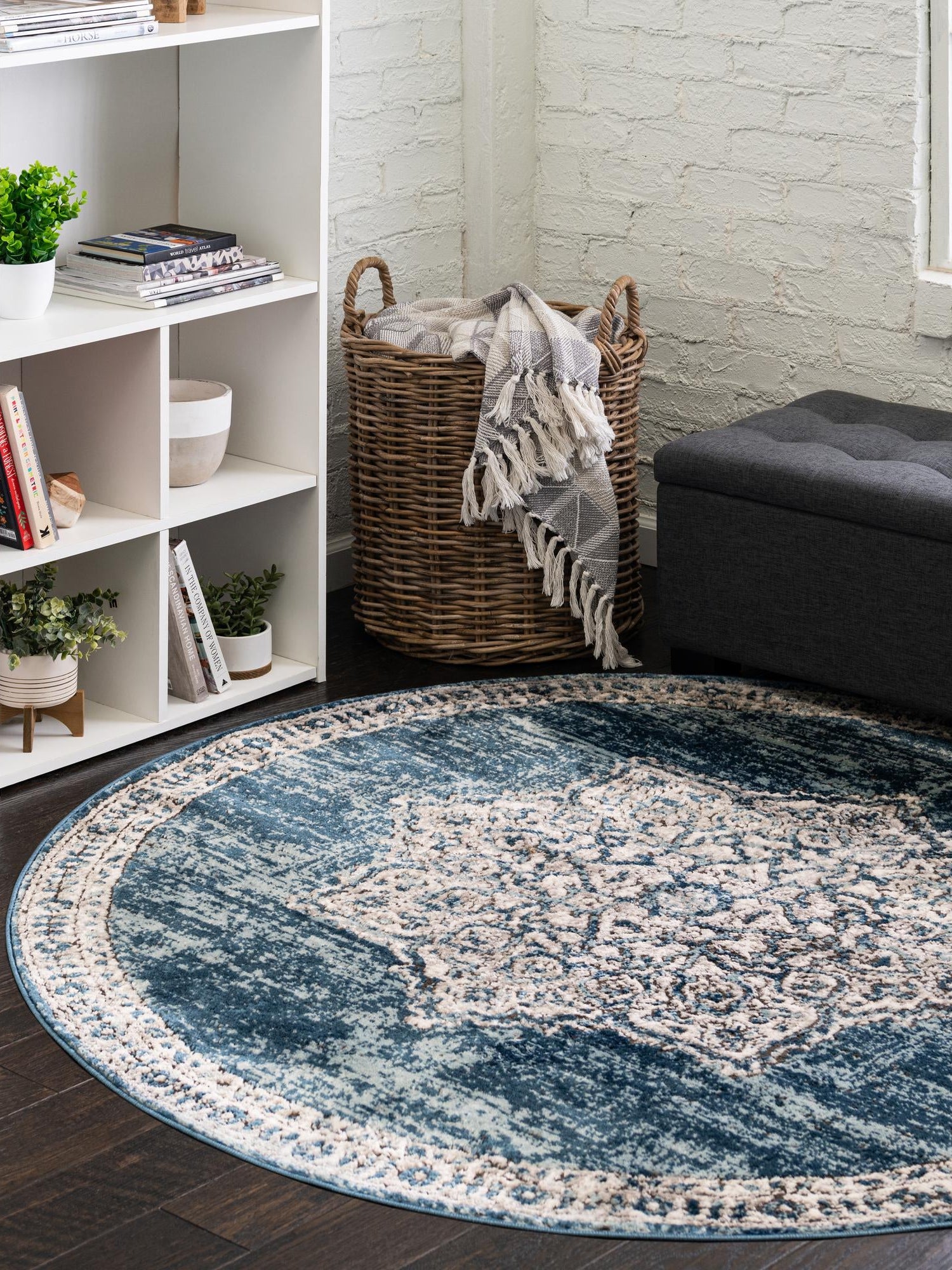 Blue 12' x 12' Nyla Round Area Rug 100% Polypropylene Traditional Classic Carpet for Living Room, Kitchen, Bedroom, Dining, Office for Sale at Rug Engine