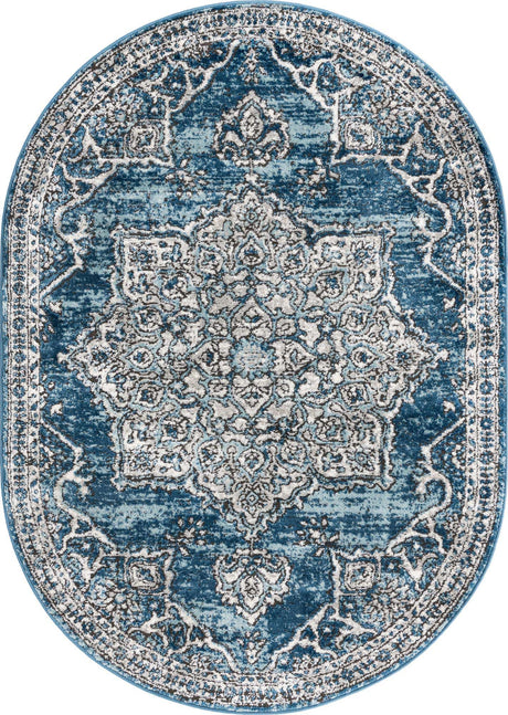 Blue 4' x 6' Nyla Oval Area Rug 100% Polypropylene Traditional Classic Carpet for Living Room, Kitchen, Bedroom, Dining, Office for Sale at Rug Engine