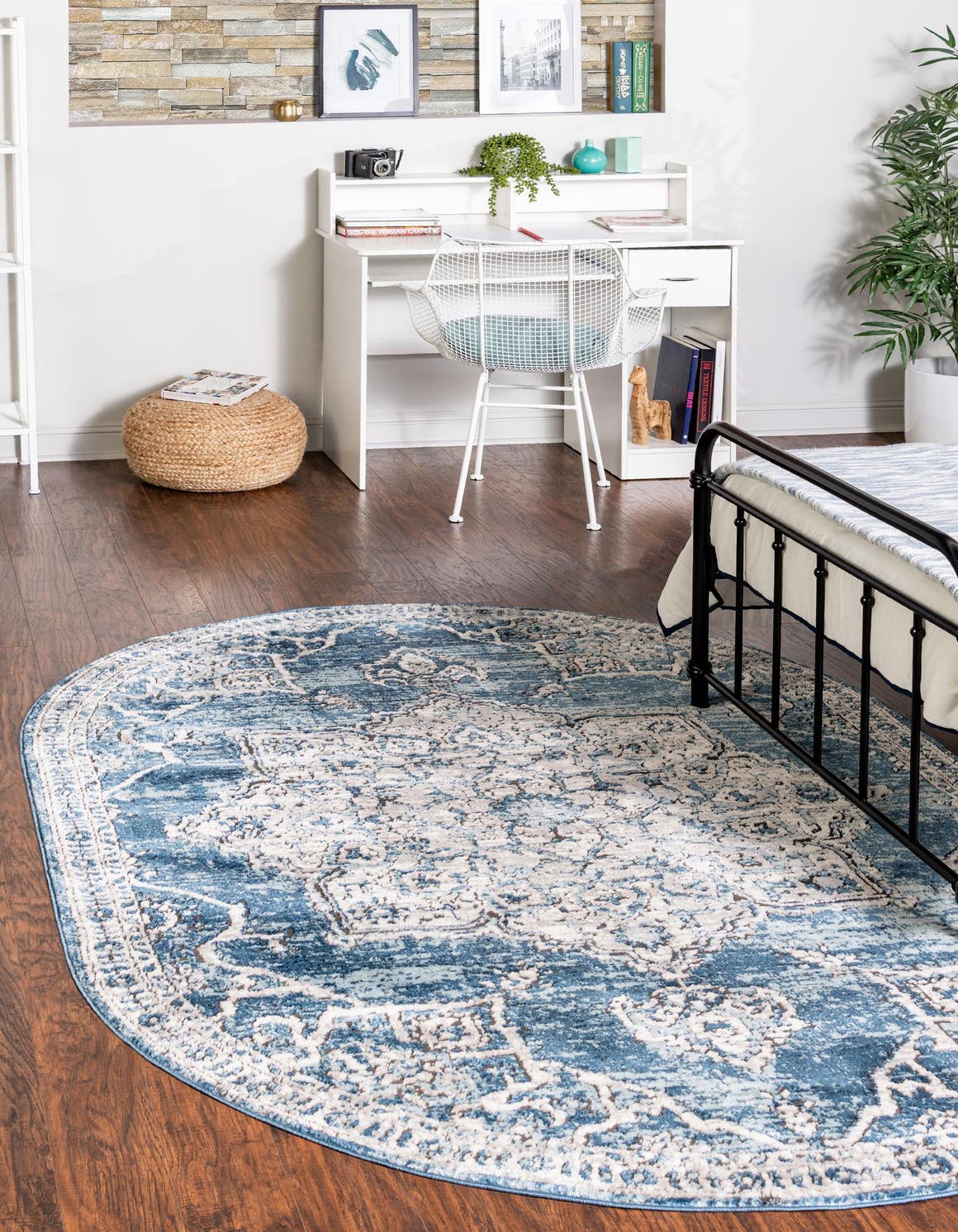 Blue 5' 3 x 8' Nyla Oval Area Rug 100% Polypropylene Traditional Classic Carpet for Living Room, Kitchen, Bedroom, Dining, Office for Sale at Rug Engine
