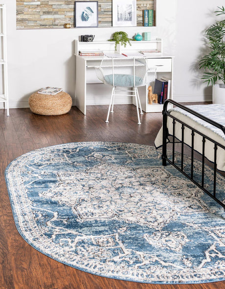 Blue 7' 10 x 10' Nyla Oval Area Rug 100% Polypropylene Traditional Classic Carpet for Living Room, Kitchen, Bedroom, Dining, Office for Sale at Rug Engine