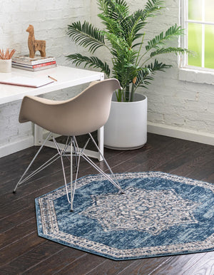 Blue 4' x 4' Nyla Octagon Area Rug 100% Polypropylene Traditional Classic Carpet for Living Room, Kitchen, Bedroom, Dining, Office for Sale at Rug Engine