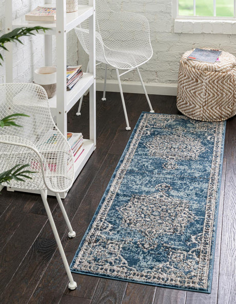 Blue 2' 7 x 12' Nyla Runner Area Rug 100% Polypropylene Traditional Classic Carpet for Living Room, Kitchen, Bedroom, Dining, Office for Sale at Rug Engine
