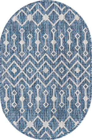 Blue 2' x 3' 1 Outdoor Trellis Oval Area Rug Weather Resistant for Patio, Deck, Terrace, Balcony, Porch Geometric Design Water Safe Outside Carpet for Sale at Rug Engine