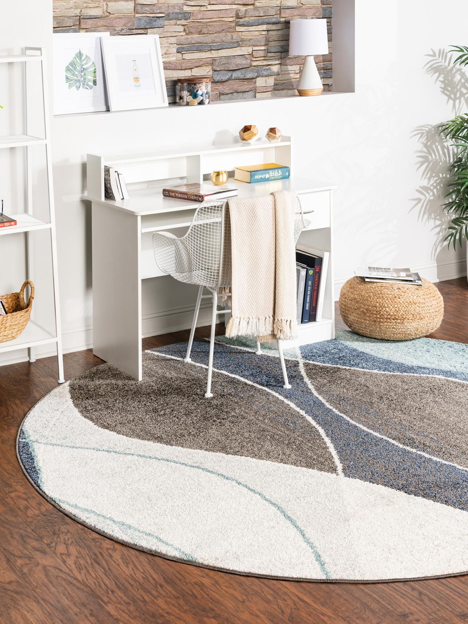 Blue Gray 7' 10 x 7' 10 Autumn Round Area Rug 100% Polypropylene Durable Jute Backing Living Dining Room Bedroom Office Modern Decor Carpet for Sale at Rug Engine