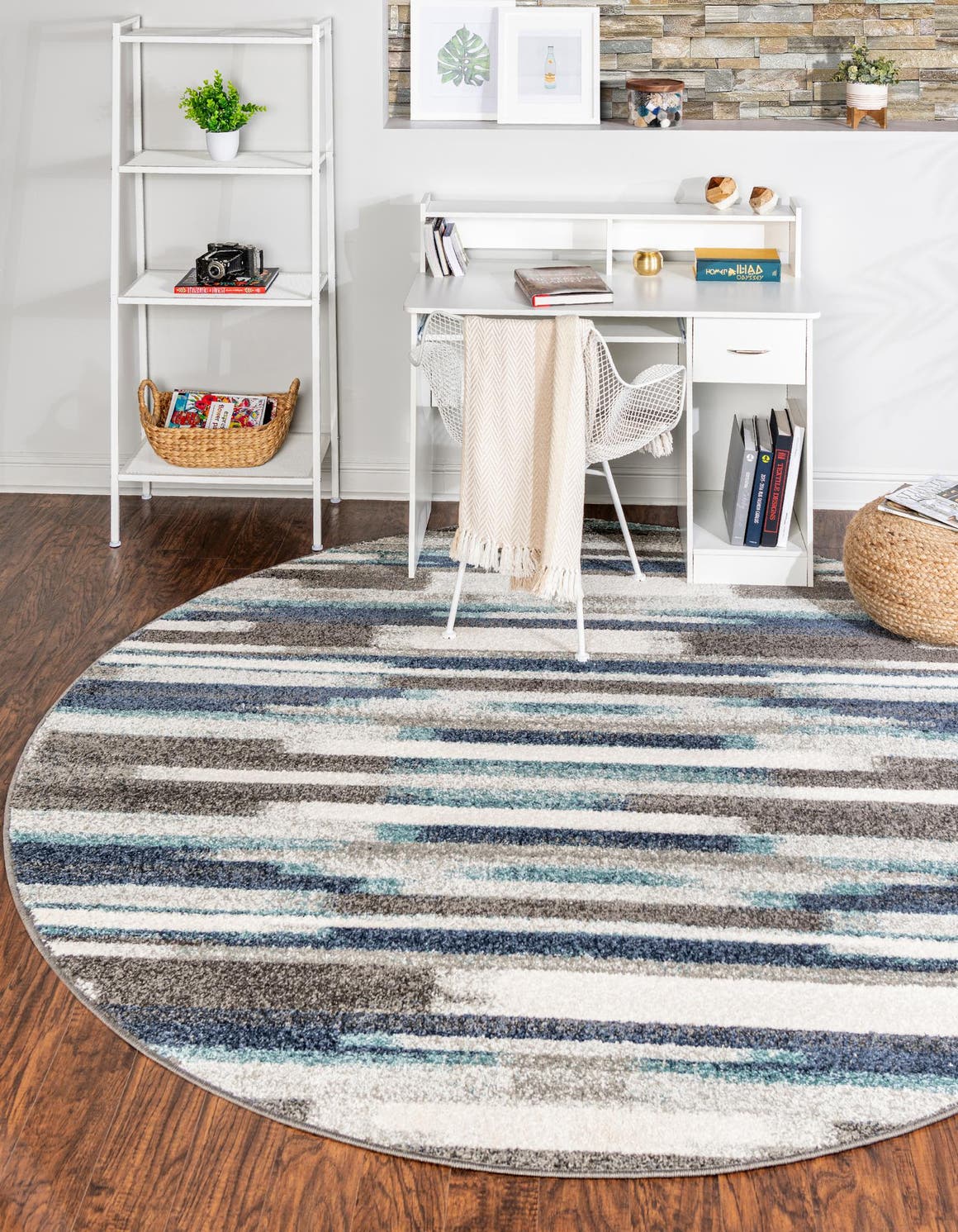 Blue Gray 7' 10 x 7' 10 Autumn Round Area Rug 100% Polypropylene Durable Jute Backing Living Dining Room Bedroom Office Modern Decor Carpet for Sale at Rug Engine