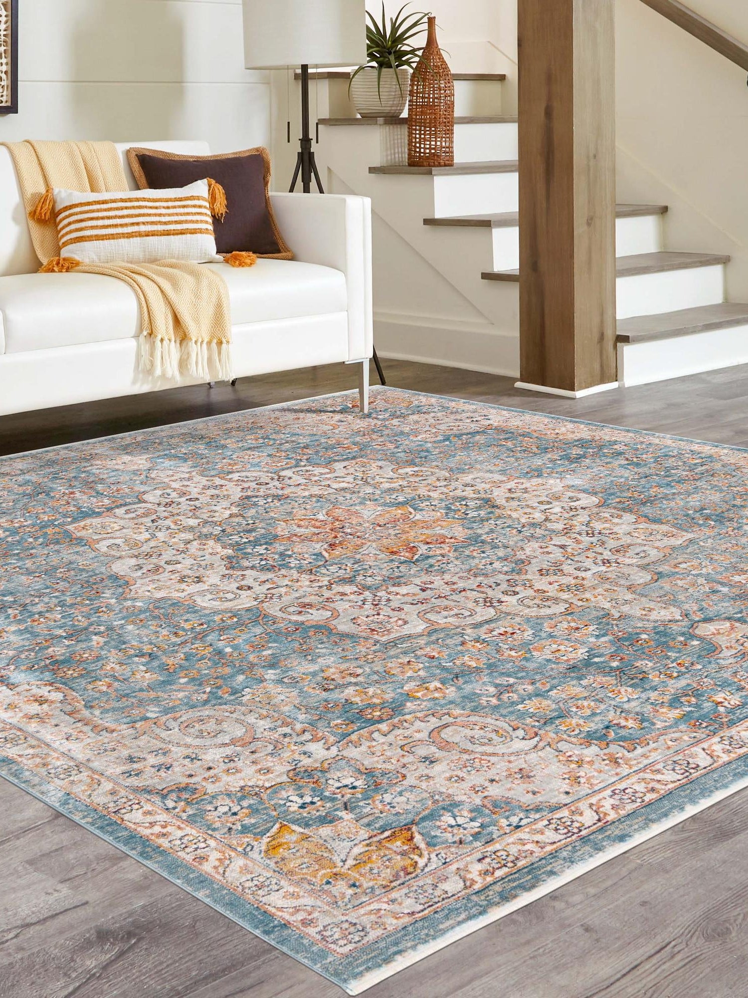 Blue 4' 1 x 4' 1 Newport Square Area Rug 100% Polypropylene Traditional Distressed Classic Contemporary Carpet for Home Decor for Sale at Rug Engine