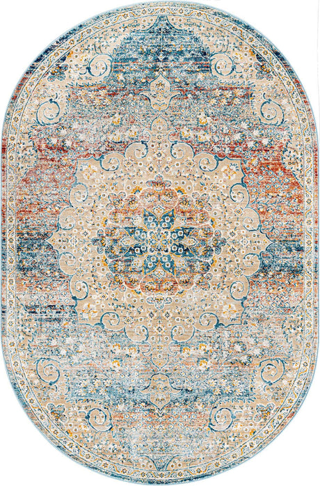 Multicolor 5' 3 x 8' Newport Oval Area Rug 100% Polypropylene Traditional Distressed Classic Contemporary Carpet for Home Decor for Sale at Rug Engine