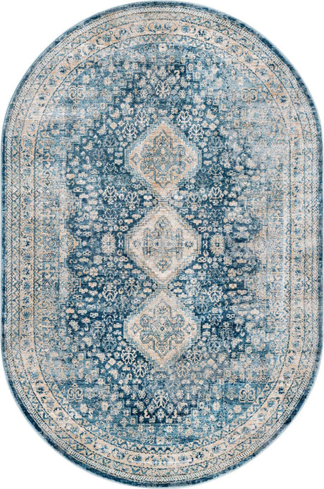 Navy Blue 5' 3 x 8' Newport Oval Area Rug 100% Polypropylene Traditional Distressed Classic Contemporary Carpet for Home Decor for Sale at Rug Engine