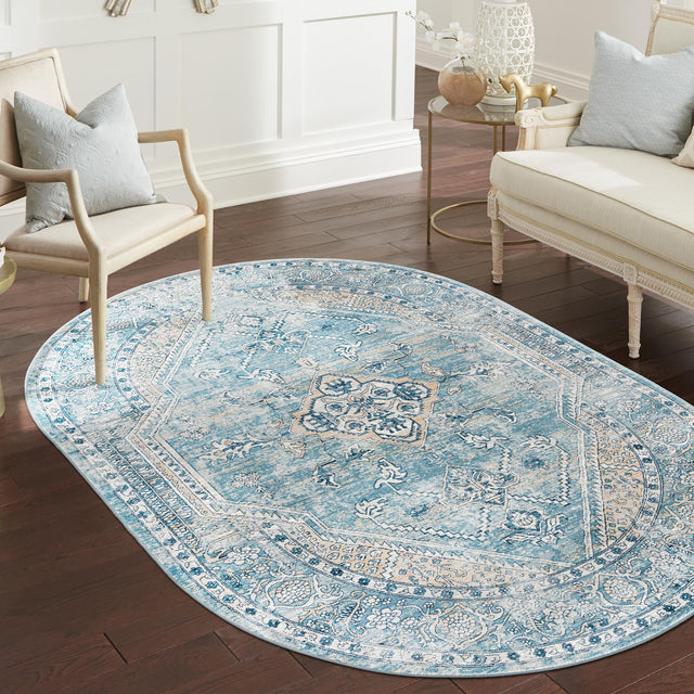 Blue 7' 10 x 10' 2 Newport Oval Area Rug 100% Polypropylene Traditional Distressed Classic Contemporary Carpet for Home Decor for Sale at Rug Engine