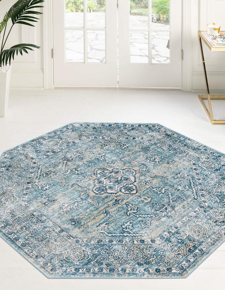 Blue 7' x 7' Newport Octagon Area Rug 100% Polypropylene Traditional Distressed Classic Contemporary Carpet for Home Decor for Sale at Rug Engine