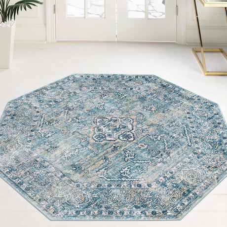Blue 4' x 4' Newport Octagon Area Rug 100% Polypropylene Traditional Distressed Classic Contemporary Carpet for Home Decor for Sale at Rug Engine