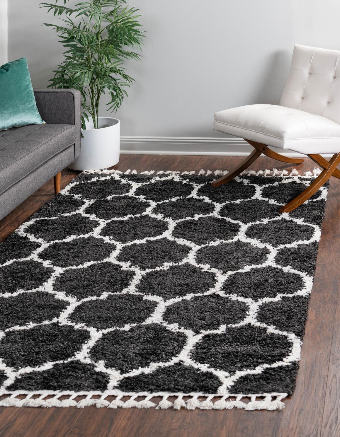 Black and White 7' 10 x 10' Hygge Shag Rectangle Area Rug Thick Soft Touch Fluffy & Plush Shaggy Pile 100% Polypropylene With Jute Backing Modern Carpet for Sale at Rug Engine