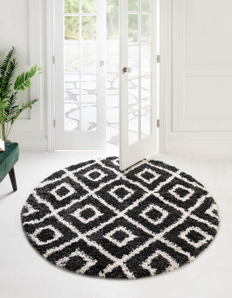 Black and White 5' 3 x 5' 3 Hygge Shag Round Area Rug Thick Soft Touch Fluffy & Plush Shaggy Pile 100% Polypropylene With Jute Backing Modern Carpet for Sale at Rug Engine