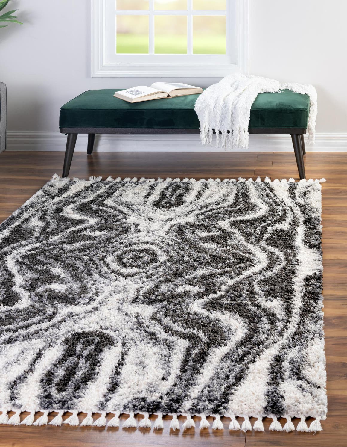 Black and White 9' x 12' Hygge Shag Rectangle Area Rug Thick Soft Touch Fluffy & Plush Shaggy Pile 100% Polypropylene With Jute Backing Modern Carpet for Sale at Rug Engine