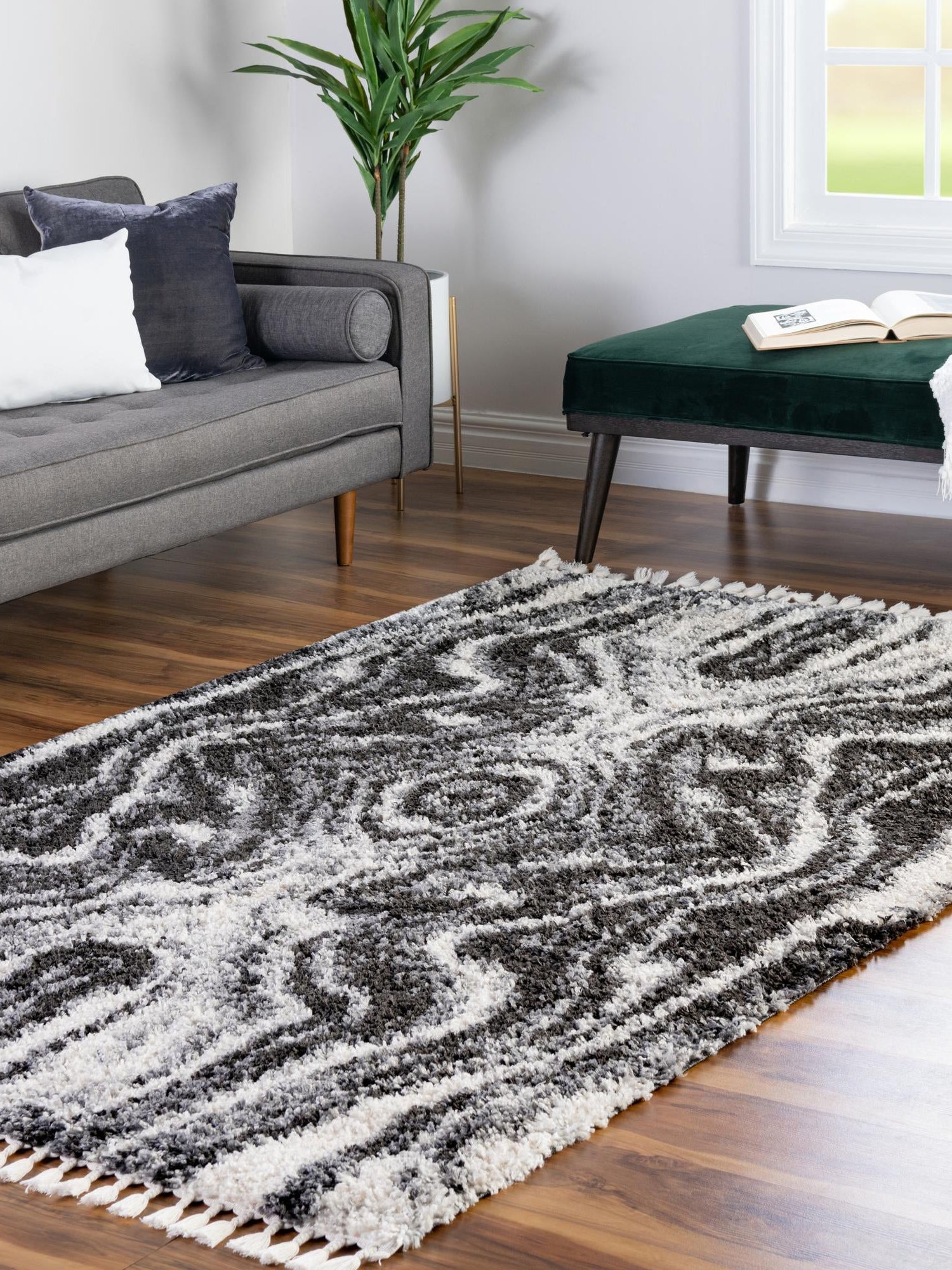 Black and White 5' 3 x 8' Hygge Shag Rectangle Area Rug Thick Soft Touch Fluffy & Plush Shaggy Pile 100% Polypropylene With Jute Backing Modern Carpet for Sale at Rug Engine