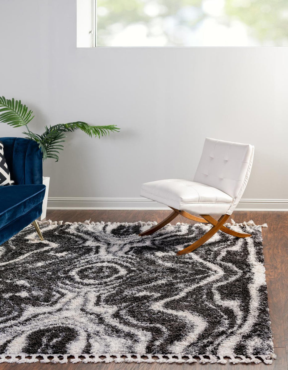 Black and White 7' 10 x 7' 10 Hygge Shag Square Area Rug Thick Soft To ...