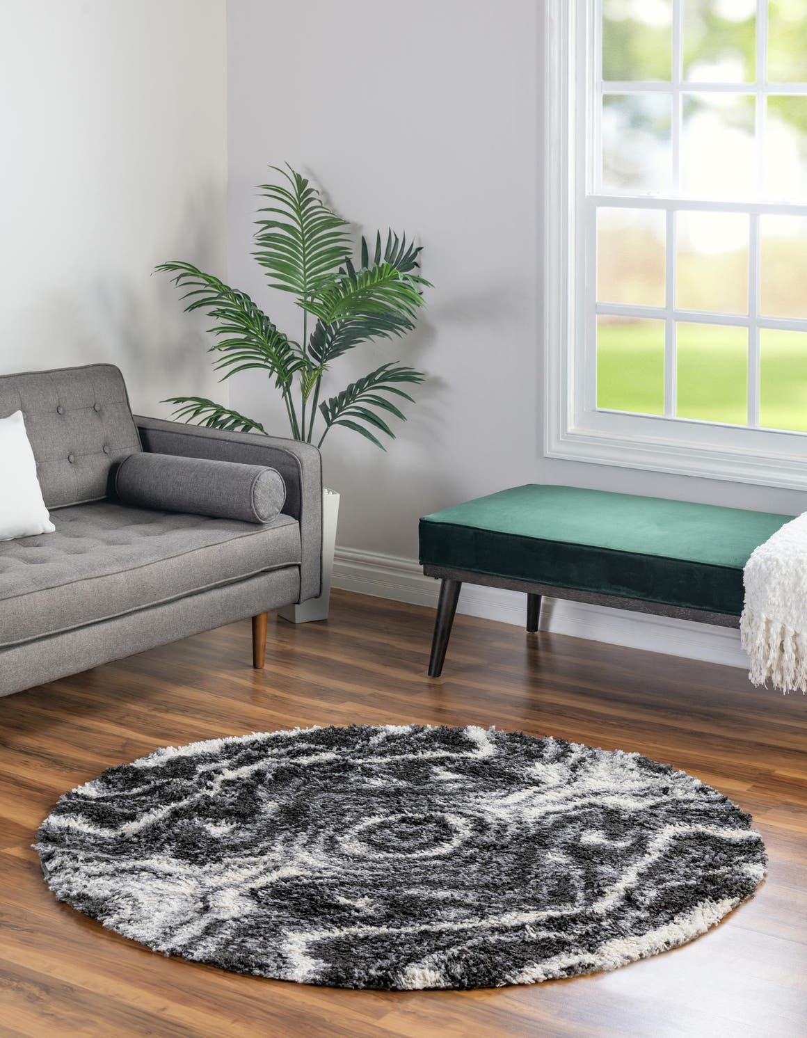 Black and White 5' 3 x 5' 3 Hygge Shag Round Area Rug Thick Soft Touch Fluffy & Plush Shaggy Pile 100% Polypropylene With Jute Backing Modern Carpet for Sale at Rug Engine