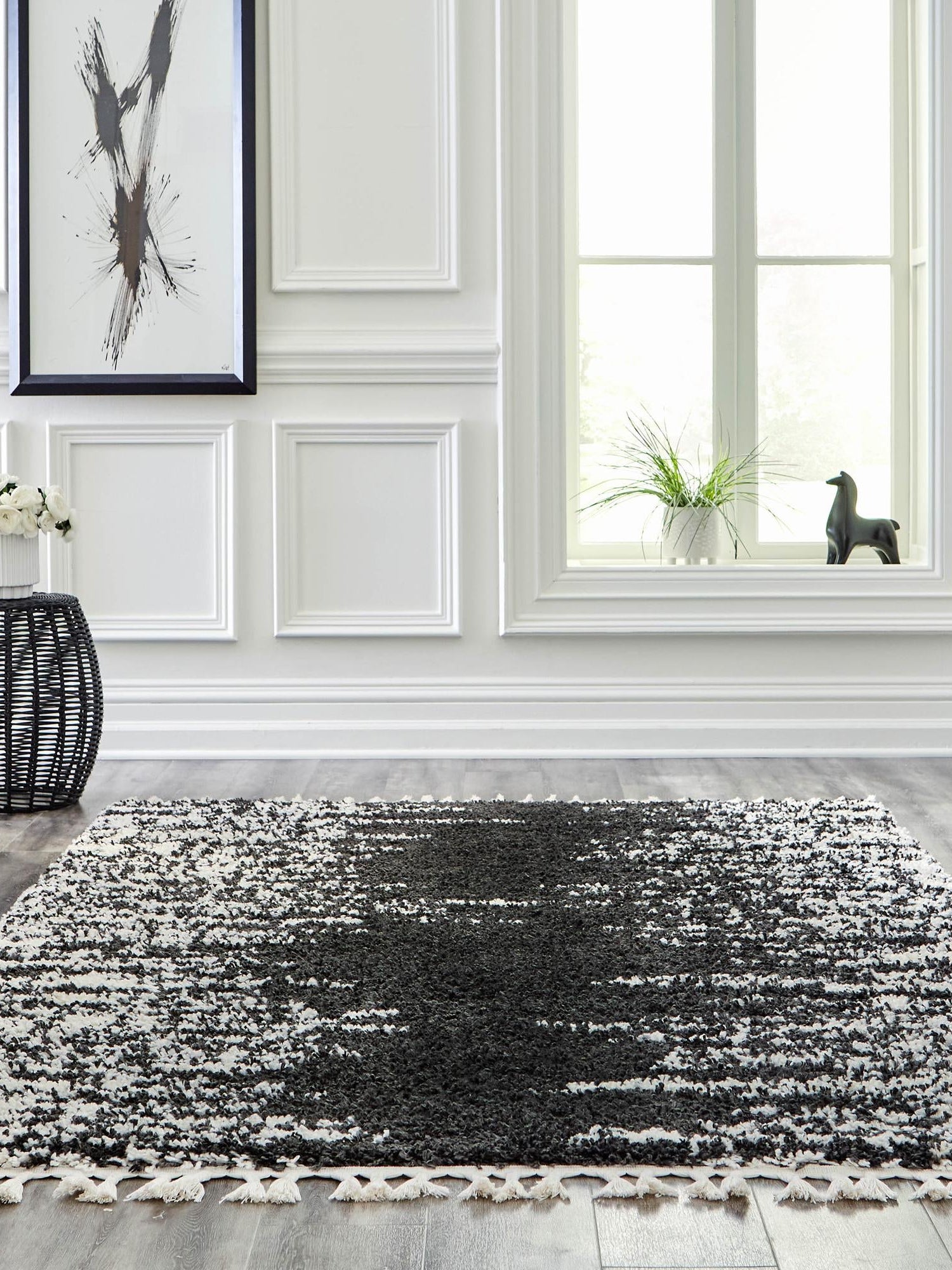 Black and White 9' x 12' Serenity Shag Rectangle Area Rug Thick Soft Touch Fluffy & Plush Shaggy Pile Carpet for Living Rooms, Kitchen, Bedrooms, Office, Dorms for Sale at Rug Engine