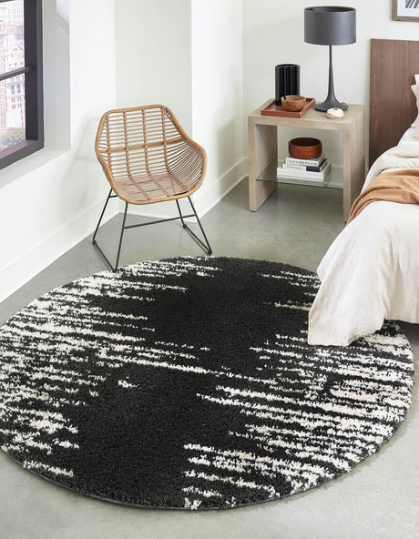 Black and White 7' x 7' Serenity Shag Round Area Rug Thick Soft Touch Fluffy & Plush Shaggy Pile