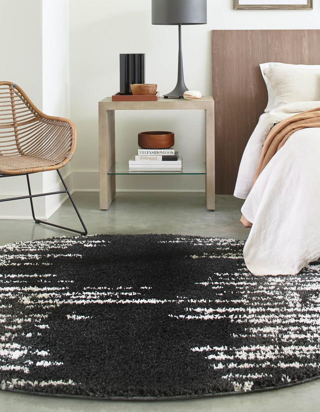 Black and White 7' x 7' Serenity Shag Round Area Rug Thick Soft Touch Fluffy & Plush Shaggy Pile