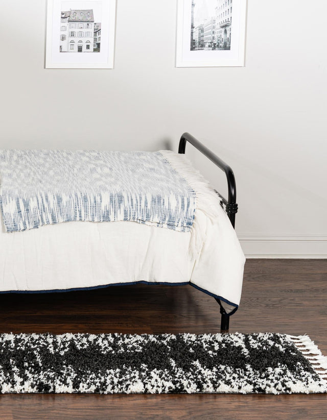 Black and White 2' x 6' Serenity Shag Runner Area Rug Thick Soft Touch Fluffy & Plush Shaggy Pile