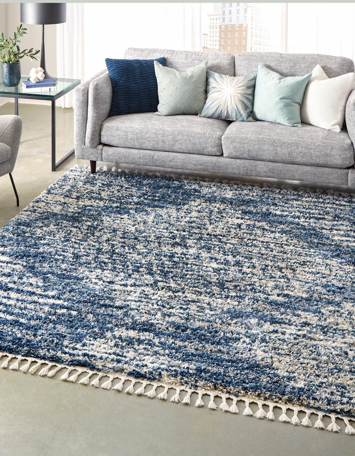 Blue 7' 10 x 7' 10 Serenity Shag Square Area Rug Thick Soft Touch Fluffy & Plush Shaggy Pile Carpet for Living Rooms, Kitchen, Bedrooms, Office, Dorms for Sale at Rug Engine