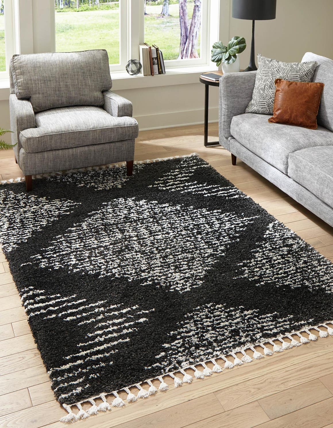 Black and White 9' x 12' Serenity Shag Rectangle Area Rug Thick Soft Touch Fluffy & Plush Shaggy Pile Carpet for Living Rooms, Kitchen, Bedrooms, Office, Dorms for Sale at Rug Engine