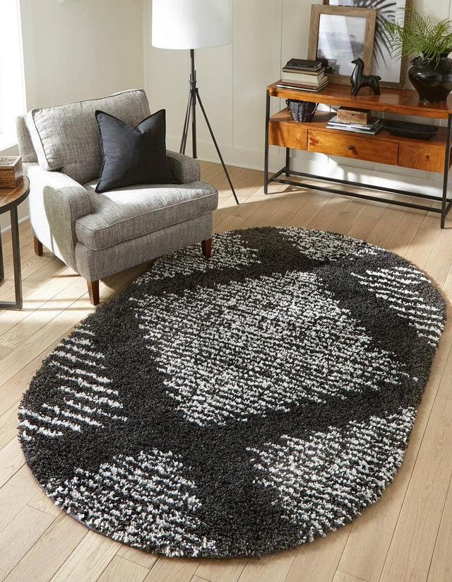 Black and White 7' 10 x 10' Serenity Shag Oval Area Rug Thick Soft Touch Fluffy & Plush Shaggy Pile Carpet for Living Rooms, Kitchen, Bedrooms, Office, Dorms for Sale at Rug Engine