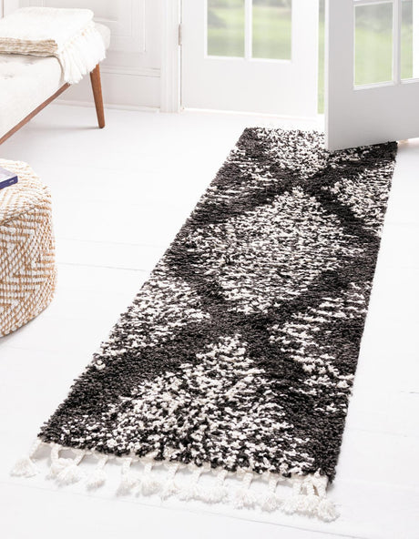 Black and White 2' x 6' Serenity Shag Runner Area Rug Thick Soft Touch Fluffy & Plush Shaggy Pile