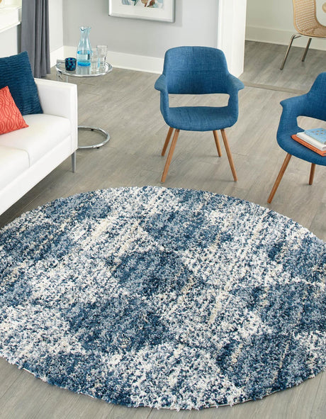 Blue 7' x 7' Serenity Shag Round Area Rug Thick Soft Touch Fluffy & Plush Shaggy Pile