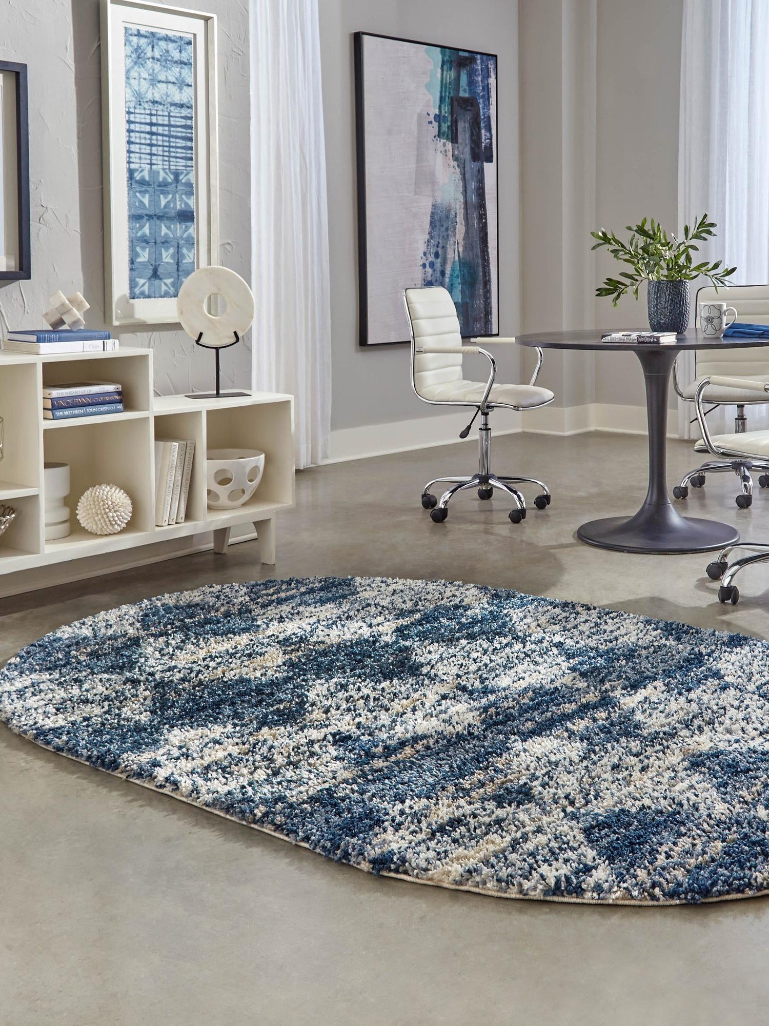 Blue 5' 3 x 8' Serenity Shag Oval Area Rug Thick Soft Touch Fluffy & Plush Shaggy Pile Carpet for Living Rooms, Kitchen, Bedrooms, Office, Dorms for Sale at Rug Engine