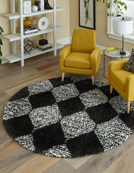 Black and White 7' x 7' Serenity Shag Round Area Rug Thick Soft Touch Fluffy & Plush Shaggy Pile