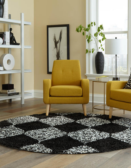 Black and White 7' x 7' Serenity Shag Round Area Rug Thick Soft Touch Fluffy & Plush Shaggy Pile